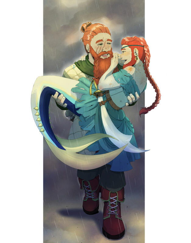 Couple - Full Character An illustration of a dwarf carrying her wife, half dwarf half mermaid under the rain