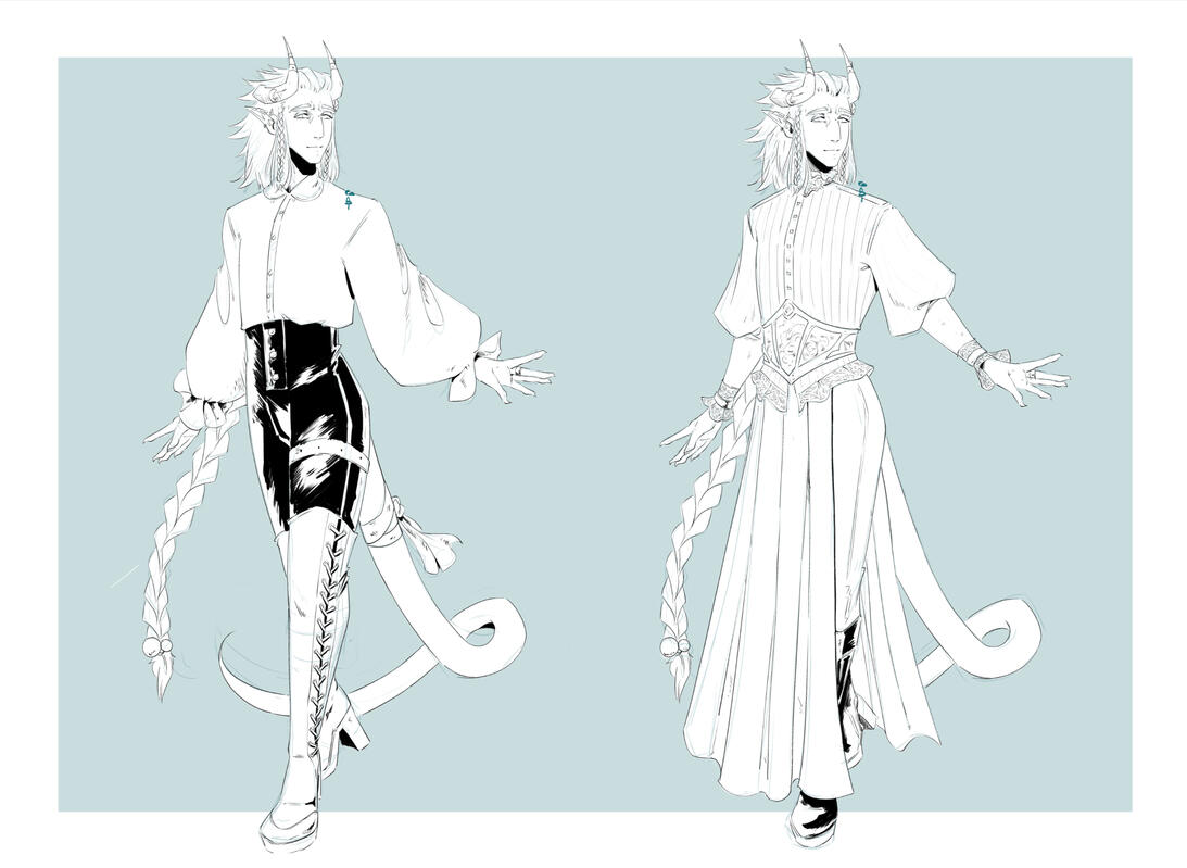 Patronage A sketch in black and white of my tiefling with different outfits