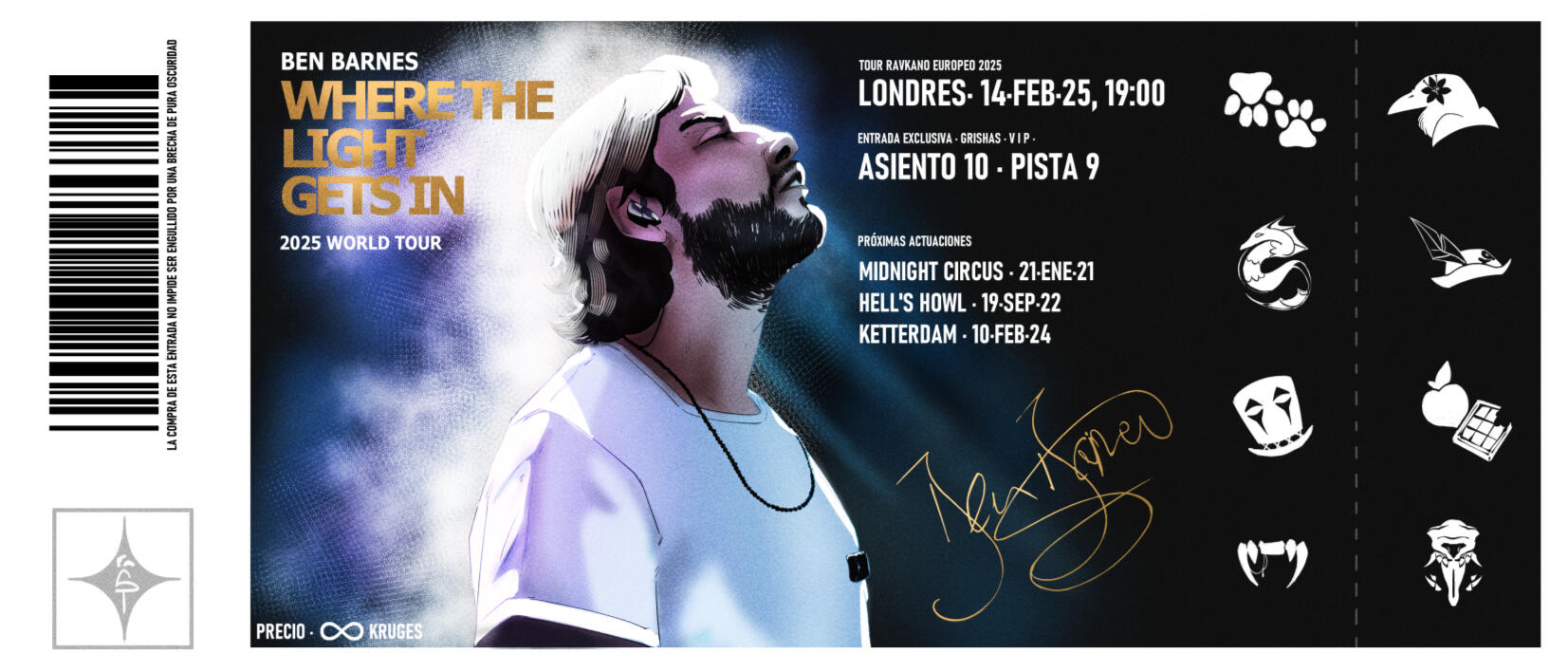 A false ticket of the Ben Barnes concert in france with Original Characters decorations