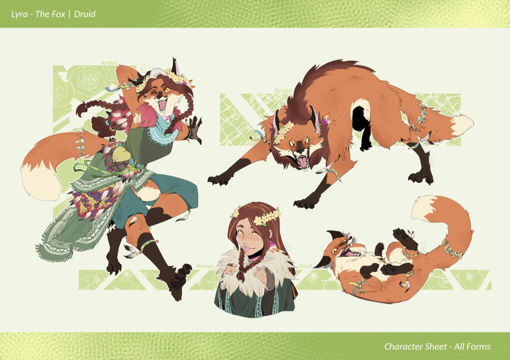 A character sheet with a humanoid druid fox in her different versions; human, feral, bestial and anthro.