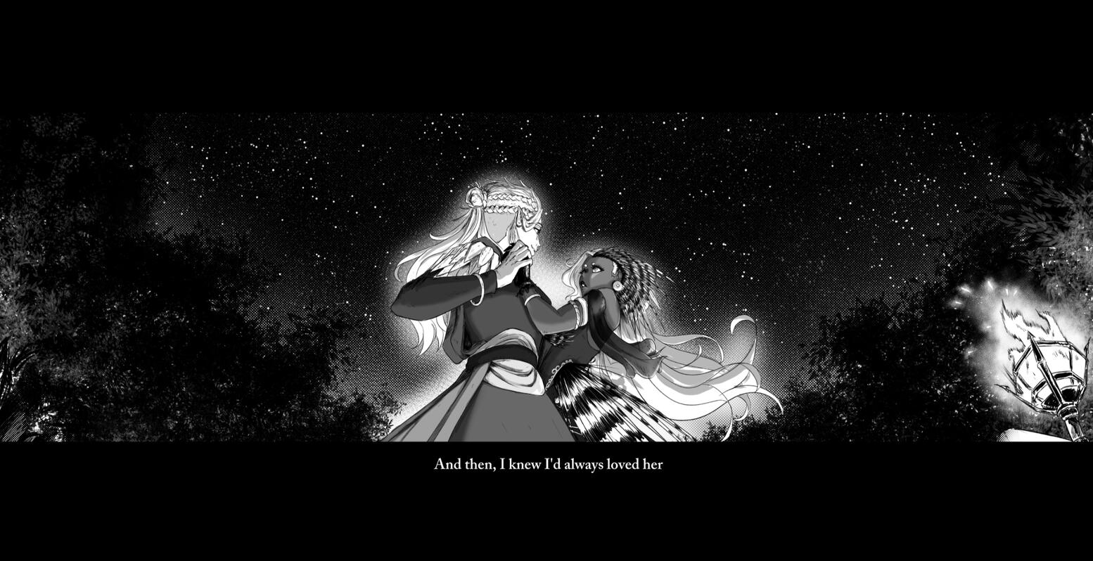 Manga Panel - Full Character A couple dancing in the middle of the night in a forest, happy and in a deep love