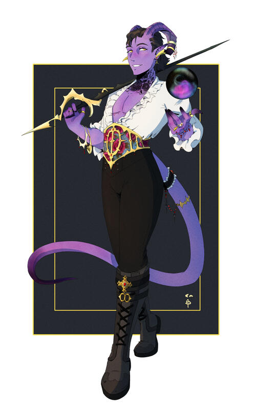 Individual - Full Character A tiefling character with NB color palette and a big and thin sword.