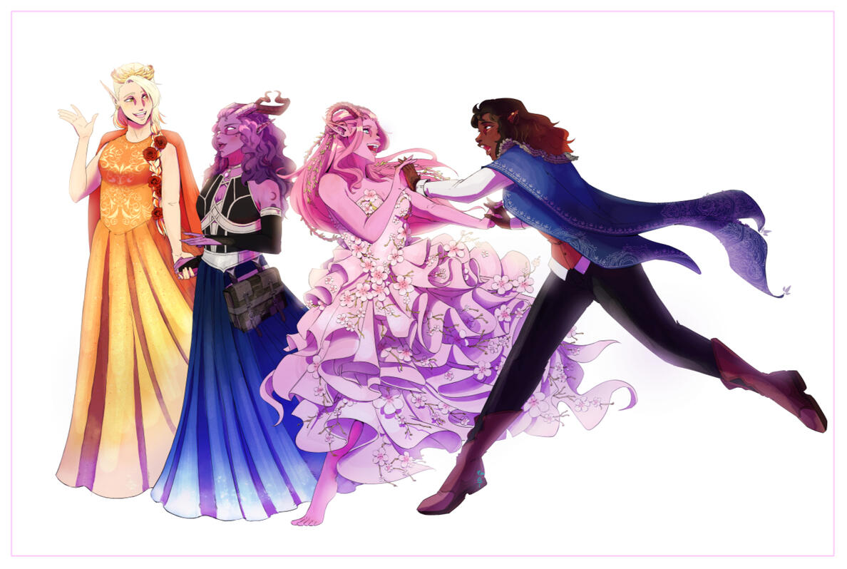 Party - Full Character A party of 4 girls walking together, chatting and having fun