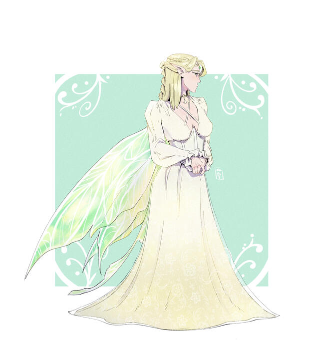 A princess fairy with a white long dress, green fairy wings and a sad look